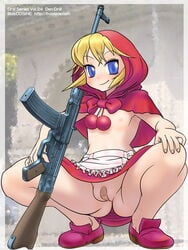 artist_cg baby_bonnie_hood bandaid bandaid_on_pussy cg_art clothing cosine darkstalkers female firearm flat_chest footwear gun high_resolution human maebari man_chin_low mostly_nude outerwear skirt spread_legs squatting uncensored weapon