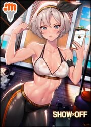 1girls bea_(pokemon) black_nails choney female female_only fit fit_female muscle nail_polish navel phone pokemon pokemon_ss solo sports_bra sportswear sweat white_hair