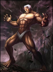 1boy abs bara barely_clothed capcom cloudy detailed_background male_only muscular muscular_male posing safe serathus shirtless solo_male street_fighter tagme thong urien