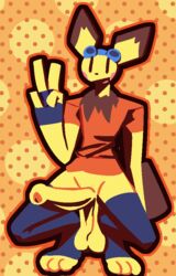 anthro balls big_penis bottomless clothed clothing crouching dakuterooty dotted_background eyewear genitals gesture goggles goggles_on_head handwear huge_cock lineless male multicolored_body neck_tuft nintendo open_mouth open_smile outline partially_clothed pattern_background penis pichu pokémon_(species) pokemon saggy_balls shirt simple_background smile solo t-shirt topwear tuft v_sign video_games