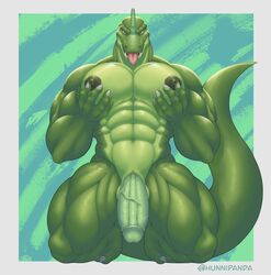 1boy abs anthro bara biceps big_balls big_pecs big_penis dinosaur gay genitals green_body green_penis hi_res huge_cock huge_pecs hunnipanda kneeling looking_at_viewer male male_only muscle muscles muscular muscular_anthro muscular_male muscular_thighs nipples nude pec_grasp pecs penis reptile scalie solo solo_male tail thick_legs thick_penis thick_thighs thighs tongue tongue_out veiny_penis yaoi