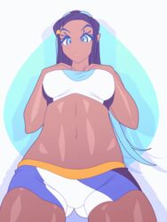 1girls animated ass blue_eyes butt buttfang colored_hair dancing dark-skinned_female dark_skin female female_only gif gym_leader holding_breast human human_only navel nessa_(pokemon) nintendo pokemon pokemon_ss shiny_skin shorts solo solo_female swimwear theobrobine thick_thighs thighs