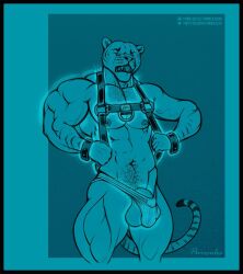 abs anthro balls body_hair chest_hair clothing cuffs_(clothing) felid genitals growth harness hybrid jockstrap liger lion mainlion male mammal mostly_nude muscle_growth pantherine pecs penis penis_base pubes solo thick_thighs transformation underwear