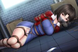 1girls black_eyes bondage box brown_hair fate_(series) gag gagged jacket kara_no_kyoukai kidnapped kimono knife panties plusout rope rope_bondage ryougi_shiki tape_gag tied_up type-moon window