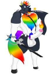 anthro balls chaps clothing dave_(character) equid equine erection fire genitals hair hi_res horn magic male mammal melee_weapon multicolored_hair muscular muscular_anthro muscular_male notkastar penis rainbow signature solo standing sword unicorn weapon