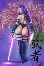 2021 armband asian asian_female assassin back_turned back_view backless_leotard betsy_braddock blue_armband blue_elbow_gloves blue_leotard blue_thighband blue_thighhighs butt_crack dat_ass elbow_gloves elizabeth_braddock energy_sword eyes_closed female huge_ass katana kwannon long_hair marvel ninja psylocke purple_hair red_sash sash standing straight_hair sword thighband thighhighs thong_leotard toned_female victor_garduno x-men