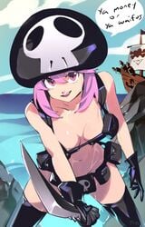 1girls bad_censor bakuzan breasts censored cleavage dialogue female female_focus female_only gloves hat jakuzure_nonon kill_la_kill knife nudist_beach_uniform optionaltypo pirate pirate_ship solo studio_trigger sword thighhighs