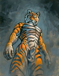 2021 5_fingers anthro athletic balls black_stripes digital_media_(artwork) felid fingers fur genitals hibbary looking_at_viewer male male_only mammal muscular muscular_male orange_body orange_eyes orange_fur pantherine solo striped_body striped_fur stripes tiger whiskers