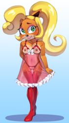 1girls 2021 absurd_res accessory activision anthro anthro_only areola areolae babydoll big_breasts black_nose blonde_hair blush blushing bow breasts coco_bandicoot countershade_face countershade_torso countershading crash_(series) crash_bandicoot_(series) crotchless crotchless_clothes crotchless_clothing digital_drawing_(artwork) digital_media_(artwork) dress eyelashes eyeliner eyeshadow female female_only female_solo frills frilly frilly_clothing frilly_dress full-length_portrait fur furry furry_only green_eyes hair hi_res latex legwear lingerie lipstick long_hair looking_at_viewer makeup medium_breasts negligee nipples nipples_visible_through_clothing orange_body orange_skin panties partially_clothed ponytail portrait pussy red_clothing red_legwear red_thighhighs ribbon see-through see-through_clothing shadow simple_background smile socks solo solo_female squish_(artist) standing stockings tan_countershading thighhighs translucent translucent_clothing translucent_dress underwear vagina white_bow wide_hips