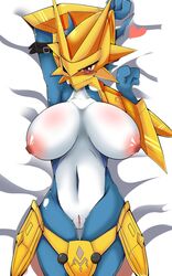 anthro big_breasts blue_body blush breasts carnivorous_owl countershade_torso countershading crest_of_miracles crests_(digimon) digimon digimon_(species) digimon_adventure_02 dragon dragon_girl female female_only genitals heart hi_res humanoid_genitalia humanoid_pussy lizard looking_at_viewer lying magnamon mask nipples non-mammal_breasts on_back pussy red_eyes reptile royal_knights scalie shaded solo