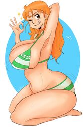 1girls :p arm_behind_head armpits barefoot big_ass big_breasts bikini bikini_bottom cleavage curvy curvy_female curvy_figure female female_focus female_only huge_ass huge_breasts igdel long_hair nami no_pants one_piece orange_hair shounen_jump striped_bikini sweaty