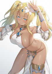 alexmaster anklet bare_shoulders blonde_hair blue_eyes dancer dark-skinned_female dark_skin detached_sleeves female_only flower hair_ornament harem_outfit highres jewelry large_breasts leaning_forward long_hair looking_at_viewer no_bra pelvic_curtain revealing_clothes see-through sennen_sensou_aigis sideboob solo standing twintails vivian_(sennen_sensou_aigis) white_background