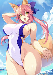 1girls 2021 arm_up armpit_crease armpits artist_signature bangs beach belly_button blue_bow blue_sky blush bow bow_in_hair breasts brown_fur cameltoe competition_swimsuit eyebrows_visible_through_hair fate/extella fate/extra fate/grand_order fate_(series) feet_out_of_frame fluffy_ears fluffy_tail fox_ears fox_girl fox_tail hair_between_eyes hand_behind_head highleg_swimsuit hips hourglass_figure kitsune large_breasts long_hair looking_at_viewer one-piece_swimsuit open_mouth outdoors pink_hair punopupupu shiny_skin sideboob slim_waist smiling_at_viewer standing swimsuit tamamo_no_mae_(fate) thick_thighs thigh_gap thighs tight_swimsuit twintails water wet white_swimsuit wide_hips yellow_eyes zeroshiki_kouichi