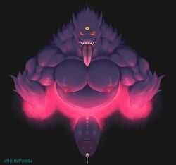 1boy 3_eyes anthro big_pecs big_penis black_background black_body bodily_fluids fur gengar genital_fluids genitals hi_res hunnipanda male male_only multi_eye muscular muscular_anthro muscular_male nintendo nipples pecs penis pokémon_(species) pokemon precum purple_body purple_fur purple_penis red_eyes simple_background solo tongue tongue_out video_games