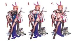 1girls 3girls alternate_costume alternate_outfit books breasts bunny_ears character_request cleavage female female_focus female_only garter_straps glasses gloves horns lace-trimmed_thighhighs large_breasts legs legwear long_gloves long_hair multiple_girls ornament tagme tagme_(character) tsuki_no_i-min underboob