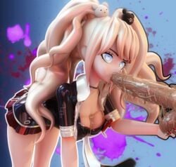 1boy 3d big_penis blonde_hair blue_eyes danganronpa deepthroat_mark eye_contact fellatio gyaru junko_enoshima kogal oral palisal petite saliva saliva_drip saliva_string saliva_trail straight straight_hair tagme twintails