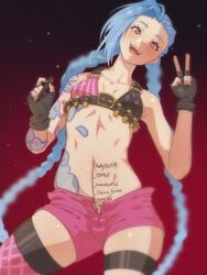 1girls 2021 arm_tattoo bikini_top black_nail_polish black_nails blue_eyebrows blue_hair blush blushing bullet_belt chest_tattoo cyan_hair exposed_midriff female female_only fingerless_gloves hip_tattoo holding_marker holding_object hyattlen jinx_(league_of_legends) league_of_legends looking_at_viewer marker markings measuring_penetration_depth midriff navel one_thighhigh open_mouth penetration_depth_mark pink_eyes pink_shorts pink_thighhighs riot_games sharp_teeth simple_background size_chart smiling smiling_at_viewer solo solo_female solo_focus tagme tattoo tattoos twin_braids unzipped_shorts v v_sign