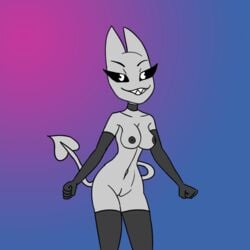 2d animated arcatech breasts clothed clothing dancing demon demon_humanoid female frame_by_frame gif hi_res humanoid loop nude partially_clothed sharp_teeth smile solo stacy(whygena) teeth