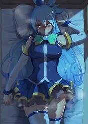 aqua_(konosuba) bed blue_eyes blue_hair blush breasts clothing horny kono_subarashii_sekai_ni_shukufuku_wo! night shirabe_shiki short_skirt skirt sweat thigh_highs thighs white_skin