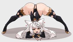 1girls animal_ears arm_gloves braid bunny_ears bunny_tail bunnysuit female female_only fraux granblue_fantasy heels legs_spread legwear long_hair looking_at_viewer orange_eyes solo solo_female solo_focus stretching thick_thighs top-down_bottom-up very_high_resolution white_background white_hair zanamaoria