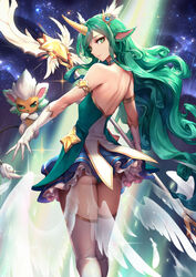 animal_ears ass back_view from_behind gluteal_fold green_eyes green_hair horn league_of_legends magical_girl medium_breasts oopartz_yang panties riot_games short_dress soraka star_guardian_series star_guardian_soraka stockings thick_thighs very_long_hair