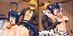 1boy 1boy1girl 1girls abs adrien_agreste ahe_gao bell_collar black_hair blonde_hair blue_eyes cat_ears cat_noir cow_ears cow_girl cow_horns cow_print cowgirl femsub green_eyes groping_from_behind hucow huge_breasts implied_sex marinette_cheng marinette_cheng_(pv) marinette_dupain-cheng miraculous_ladybug muscular nose_ring rud-k sex slave slave_collar slavegirl submissive_female sweat