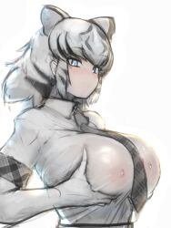 :/ absurdres alternate_breast_size animal_ears bangs black_hair blue_eyes blush breast_lift breast_pocket breasts closed_mouth collared_shirt elbow_gloves extra_ears female from_side gloves grabbing grabbing_own_breast highres huge_breasts impossible_clothes impossible_shirt kemono_friends looking_down medium_hair multicolored_hair necktie nipples nose_blush plaid plaid_necktie plaid_sleeves plaid_trim pocket see-through see-through_shirt shibori_kasu shirt short_sleeves sidelocks simple_background sketch solo streaked_hair tiger_ears two-tone_hair upper_body white_background white_hair white_tiger_(kemono_friends) wing_collar