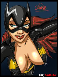 1girls barbara_gordon batgirl batman_(series) batmetal big_breasts black_clothing bodysuit bulge cleavage dc dc_comics eyelashes happy latex_suit lips lipstick long_eyelashes looking_at_viewer nipple_bulge open_bodysuit open_clothes pinup red_lipstick shina_(artist) shiny_skin smile solo_female unzipped unzipped_bodysuit zupper