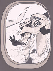 1girls airplane black_and_white breasts clouds comic creux edit exposed_breasts female female_focus female_only giantess looking_out_window mask monochrome mount_lady my_hero_academia nipples open_mouth plane plane_window pose pov shounen_jump sky standing superheroine tagme torn_clothes wide_hips window yuu_takeyama