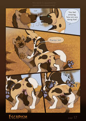 african_wild_dog animal_genitalia animal_pussy brown_body brown_fur canid canine canine_pussy comic dialogue duo english_text facial_markings female female/female female_penetrated feral feral_on_feral fur genitals grass green_eyes head_markings hi_res hyaenid mammal markings outside page_17 paper-wings penetration plant pseudo-penis pussy red_eyes spots spotted_body spotted_fur spotted_hyena tan_body tan_fur text tree vaginal_penetration white_body white_fur yuri