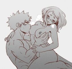 1boy 1girls blush blushing breast_grab breast_sucking breasts deb_amm debby-san eyes_closed female hetero katsuki_bakugou male male/female monochrome my_hero_academia nipples nude nude_female ochako_uraraka straight sucking_nipples