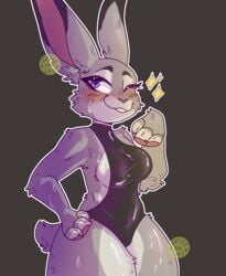 absurd_res anthro blush bodily_fluids breasts disney female furry hand_on_hip hi_res judy_hopps lagomorph leotard leporid long_ears mammal medium_breasts one-piece_swimsuit one_eye_closed oopsie-gay rabbit rubber side_boob small_tail solo standing sweat swimsuit swimwear thick_thighs tight_clothing wink zootopia