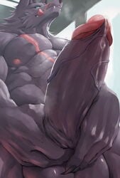 1boy abs anthro big_penis bodily_fluids canid canine canis erection genital_fluids genitals green_eyes hi_res huge_cock looking_at_viewer male male_only mammal muscular muscular_anthro muscular_male pecs penis precum solo tongue vein wolf zex