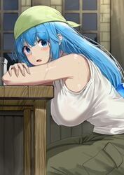 aqua_(konosuba) armpit baggy_clothing baggy_pants blue_eyes blue_hair blush breasts indoors kono_subarashii_sekai_ni_shukufuku_wo! large_breasts leaning_on_object looking_at_viewer messy_hair shoulders sweat table wet_shirt wet_skin white_skin