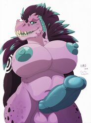 anthro balls big_breasts blue_eyes blue_nipples blue_penis breasts collaboration futanari genitals gynomorph hi_res hirurux humanoid_genitalia humanoid_penis intersex nipples penis puffy_nipples purple_body purplepardus scalie solo teeth