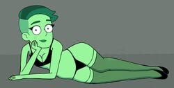 alien cleavage d'vana_tendi female female_only freckles green_eyes green_hair green_skin humanoid looking_at_viewer lying on_side orion_(species) star_trek star_trek_lower_decks stockings undercut