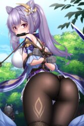 ass bit_gag bondage dress drooling female forest gag gagged genshin_impact hair_ornament highres hilichurls_(species) hostage keqing_(genshin_impact) panties pantyhose plusout purple_eyes purple_hair rope rope_bondage solo sweat sword twintails