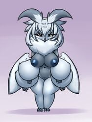 anthro areola arthropod atta_(furball) avian big_areola big_breasts bird breasts dark_sclera female fluffy furball_(artist) genitals hybrid insects lepidopteran moth mowff multi_arm multi_limb non-mammal_breasts owl pussy solo