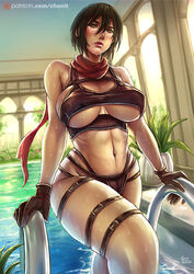 1girls asian asian_female attack_on_titan big_breasts black_hair breasts cleavage female female_only kachima large_breasts medium_hair mikasa_ackerman pool revealing_clothes skimpy_clothes solo thong