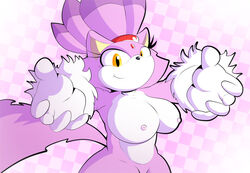 anonymous_artist anthro big_breasts blaze_the_cat breasts checkered_background clothing domestic_cat felid feline felis female gloves handwear hi_res mammal pattern_background purple_body simple_background solo sonic_(series) sonic_the_hedgehog_(series) yellow_eyes