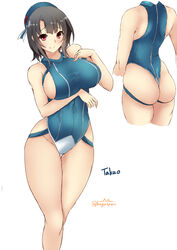 2020 ass breasts female female female_focus female_only kantai_collection kuga_zankurou looking_at_viewer multiple_images multiple_scenes multiple_views one-piece_swimsuit red_eyes simple_background solo solo_female solo_focus standing swimsuit takao_(kantai_collection) white_background