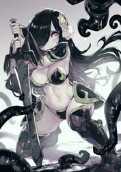 1girls 2021 aria_(parororo) aria_wintermint armor bare_midriff belly_button big_breasts bikini_armor black_hair boots breasts cleavage female green_eyes hair_over_one_eye imminent_rape knight original pale-skinned_female pale_skin parororo shoulder_pads sword tagme tentacle tentacles thick thick_thighs thighhighs weapon