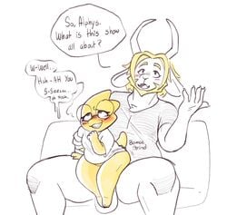 1boy 1girls alphys ambiguous_penetration anthro anthro_on_anthro anthro_penetrated anthro_penetrating anthro_penetrating_anthro arm_grab asgore_dreemurr balls beard belly black_eyes blonde_beard blonde_hair blush boss_monster bottomless bovid breasts caprine chubby_anthro chubby_female claws clenched_teeth clothed clothing dialogue english_text eye_roll eyewear facial_hair fangs female female_penetrated front_view fur genitals glasses grin hair hand_on_chin hi_res horn larger_anthro larger_male lizard looking_pleasured makeup male male/female male_penetrating male_penetrating_female mammal mascara moan non-mammal_breasts on_lap open_mouth open_smile penetration profanity reptile scales scalie shirt short_tail shortstack simple_background sitting sitting_on_lap size_difference slightly_chubby small_breasts smaller_anthro smaller_female smile speech_bubble stuttering syrenbytes teeth text thick_tail thick_thighs topwear undertale video_games white_body white_fur wide_hips yellow_body yellow_scales