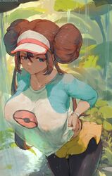 1girls absurd_res aged_up alternate_breast_size artist_name blue_eyes breasts brown_hair casual clothing cutesexyrobutts detailed_background embarrassed female female_only fully_clothed hair_bun hi_res horny human large_breasts leggings long_hair nintendo nipples nipples_visible_through_clothing pokemon pokemon_bw2 rain raining rosa_(pokemon) see-through signature skirt solo thighs tomboy wet wet_clothes