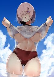 1girls :o big_breasts bloomers blush buruma fate/grand_order fate_(series) female female_only gym_clothes gym_uniform hair_over_one_eye kobo_(cobo_0609) large_breasts mash_kyrielight pink_hair purple_hair shirt_lift solo sweat tagme thick_thighs thighhighs underboob wet_clothes