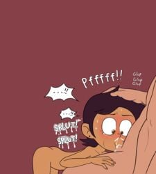 blowjob brown_eyes brunette cum cum_in_mouth cum_in_throat cum_out_nose dark-skinned_female deepthroat disney disney_channel fellatio gagging gagging_noise gulp hand_on_head interracial luz_noceda male millim oral penis purple_hair skinny smooth_skin surprised swallowed_whole swallowing swallowing_cum swallowing_penis_while_deepthroat teenager the_owl_house throat_bulge tight_throat