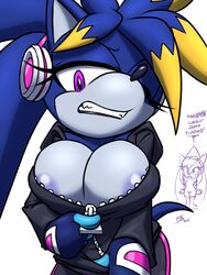 3:4 anthro breasts breezy_(swissy) cleavage cleavage_overflow clothed clothing eulipotyphlan fan_character female furball_(artist) gloves handwear headphones hedgehog hoodie mammal nipple_slip seven_(furball) solo sonic_(series) sonic_the_hedgehog_(series) topwear unzipping