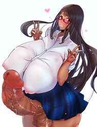 1futa 2929douga areola_bulge areolae balls big_breasts big_penis breasts brown_hair clothed clothing dark-skinned_futanari dark_skin dickgirl double_v futa_only futanari gyaru heart huge_breasts huge_cock human large_breasts long_hair looking_at_viewer mosaic_censoring mostly_clothed nipple_bulge original peace_sign penis penis_under_clothes penis_under_skirt red_eyes school_uniform skirt solo solo_futa standing v white_background wide_hips