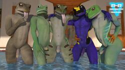 3d_(artwork) amphibian anthro ass big_butt digital_media_(artwork) frog genitals group huge_butt humanoid male penis r-a-s-p_(artist) swimming_pool tongue tongue_out