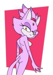 anthro ass blaze_the_cat breasts color domestic_cat eyelashes felid feline felis female forehead_jewel gem half-closed_eyes looking_back mammal nude ponytail qrog simple_background sonic_(series) standing tail texas_toast third-party_edit